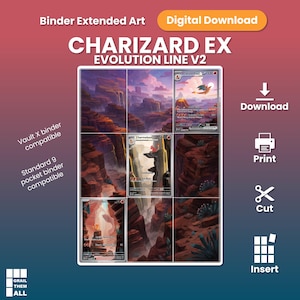 Może przedstawiać: Cyfrowy plik do pobrania z grafiką typu extended art do segregatora Charizard EX Evolution Line V2. Obraz przedstawia siatkę dziewięciu paneli z ciągłym krajobrazem kanionu i trzema zintegrowanymi kartami kolekcjonerskimi. Tekst zawiera Binder Extended Art, Digital Download, Vault X binder compatible, Standard 9 pocket binder compatible, Download, Print, Cut, Insert oraz Grail Them All.