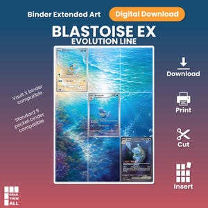 Pode incluir: Um download digital apresentando uma folha de arte estendida para fichário da linha de evolução Blastoise EX. O design inclui cartas de Squirtle, Wartortle e Blastoise EX sobre um fundo oceânico, compatível com fichários padrão de 9 bolsos.