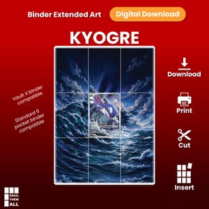 Pode incluir: Um download digital de arte estendida de Kyogre para fichário, apresentando uma cena de oceano azul escuro com uma grande onda e um gráfico central da carta Kyogre. O design inclui uma grade para cortar e inserir em fichários padrão.