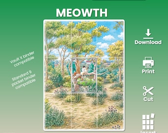 Könnte beinhalten: Ein digitaler Download von Meowth-erweiterter Kunst für einen Kartenordner. Das Bild zeigt eine Landschaft mit Bäumen, Büschen und einer zentralen Kartenillustration. Der Text umfasst Binder Extended Art, Digital Download, MEOWTH und Anleitungen.