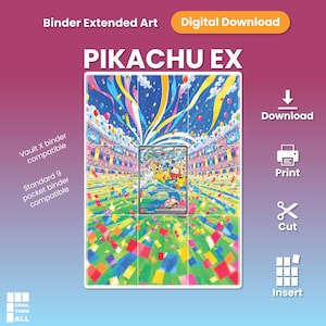 Puede incluir: Una descarga digital de arte extendido para carpeta Pikachu EX con una escena de estadio, confeti colorido, globos y una carta coleccionable central. El texto incluye Binder Extended Art, Digital Download, PIKACHU EX, Vault X binder compatible, Standard 9 pocket binder compatible, Download, Print, Cut e Insert.