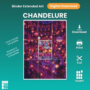 Può includere: Un download digitale di arte estesa Chandelure per carta collezionabile, con una scena interna viola e rosa con lanterne sospese e piante. Compatibile con raccoglitori Vault X e standard a 9 tasche, include icone per download, stampa, taglio e inserimento.