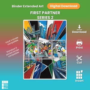 May include: A digital download of binder extended art for First Partner Series 2, featuring Snivy, Tepig, and Oshawott against a city skyline. The graphic includes text labels for Vault X and standard 9-pocket binder compatibility, plus icons for download, print, cut, and insert.