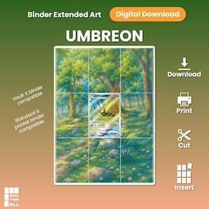 Può includere: Un download digitale di arte estesa per raccoglitore Umbreon con una scena boschiva e una carta collezionabile centrale. Il grafico include etichette per la compatibilità con raccoglitori Vault X e standard a 9 tasche, oltre a icone dedicate.