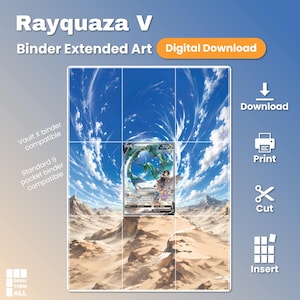 May include: A digital download of Rayquaza V binder extended art featuring a desert landscape under a blue sky with white clouds. The design includes a grid layout for a standard 9-pocket binder, with text labels for download, print, cut, and insert.
