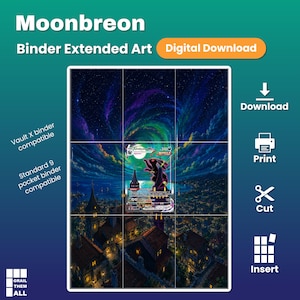 Peut inclure: Un téléchargement numérique d'art étendu pour classeur Moonbreon représentant un ciel nocturne avec une nébuleuse tourbillonnante au-dessus d'une ville. L'image est divisée en une grille pour classeur à 9 poches. Le texte inclut Moonbreon, Binder Extended Art, Digital Download, Vault X binder compatible, Standard 9 pocket binder compatible, Download, Print, Cut, Insert et Grail Them All.