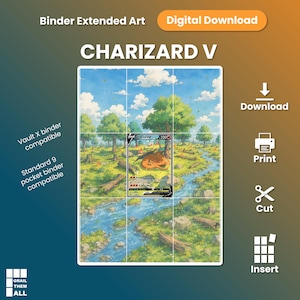 Könnte beinhalten: Ein digitaler Download für Charizard V Binder Extended Art mit einer Landschaftsillustration von Wald und Bach. Die Grafik enthält Textbeschriftungen für die Kompatibilität mit Vault X und Standard-9-Taschen-Bindern sowie Symbole für Download, Druck, Schnitt und Einlage.