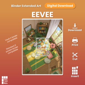 May include: A digital download of Eevee binder extended art featuring a grid layout of a cozy room illustration. The design includes text labels for Vault X and standard 9-pocket binder compatibility, along with icons for download, print, cut, and insert.