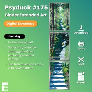 Könnte beinhalten: Ein digitaler Download mit Psyduck #175 Binder Extended Art. Die Grafik zeigt drei vertikale Karten mit silbernen Rändern, die einen Waldweg darstellen. Der Text enthält "Psyduck #175", "Binder Extended Art" und "Digital Download".