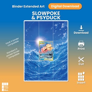 Könnte beinhalten: Ein digitaler Download mit erweiterter Grafik für eine Sammelkarte mit Slowpoke und Psyduck. Das Design zeigt einen blauen Ozean mit Wellen und einer hellen Sonne, kompatibel mit Vault X und Standard-9-Taschen-Ordnern. Enthält Symbole für Download, Druck, Schnitt.