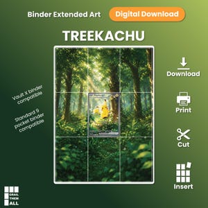 Puede incluir: Una descarga digital de arte extendido para archivador Treekachu con una carta coleccionable de Pikachu en un bosque. El diseño incluye una cuadrícula para recortar e insertar en archivadores estándar de 9 bolsillos, con etiquetas de texto para descargar, imprimir, cortar e insertar.