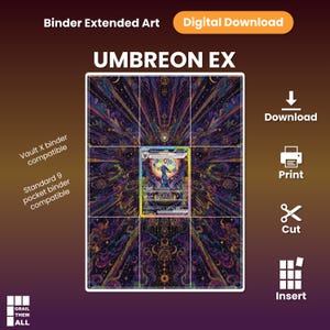 Può includere: Un download digitale per un inserto artistico esteso per raccoglitore con Umbreon EX. Il design mostra un motivo cosmico viola e oro su nove sezioni a griglia, compatibile con raccoglitori Vault X e raccoglitori standard a 9 tasche. Include icone per scaricare, stampare, tagliare e inserire.