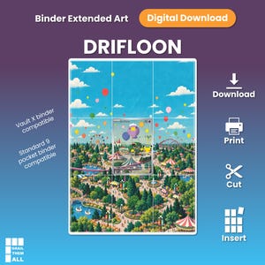 Könnte beinhalten: Ein digitaler Download für Drifloon-Ordner-Erweiterungskunst mit einer farbenfrohen Vergnügungsparkszene, blauem Himmel, Luftballons und einer zentralen Sammelkarte. Die Grafik enthält Textanweisungen zum Herunterladen, Drucken und Schneiden.