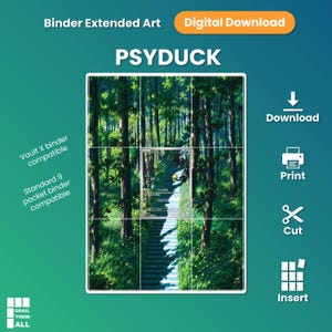Könnte beinhalten: Ein digitaler Download von Psyduck-Ordner-Erweiterungskunst, die eine Waldszene in neun Abschnitten zeigt. Das Bild enthält den Text: Binder Extended Art, Digital Download, Psyduck, Vault X binder compatible, Standard 9 pocket binder compatible, Download, Print, Cut, Insert und Grail Them All.