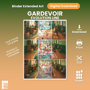 Könnte beinhalten: Ein digitaler Download von Binder Extended Art für die Gardevoir-Entwicklungsreihe mit drei gestapelten Sammelkartenillustrationen. Das Kunstwerk zeigt eine Person und Pokémon in einem gemütlichen Raum. Der Text umfasst Binder Extended Art, Digital Download, Vault X binder compatible, Standard 9 pocket binder compatible, Download, Print, Cut, Insert und Grail Them All.