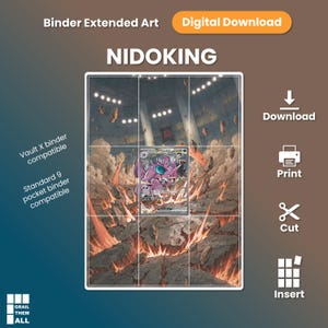 May include: A digital download of Nidoking binder extended art featuring a purple creature in a stadium setting with cracked earth and debris. The image is divided into a grid for 9-pocket binders, with text including Vault X binder compatible.