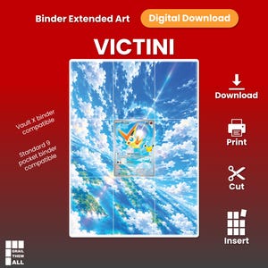 Può includere: Un download digitale di arte estesa per raccoglitore Victini con cielo blu, nuvole bianche e una carta collezionabile centrale. Il testo include Binder Extended Art, Digital Download, Victini, Vault X binder compatible, Standard 9 pocket binder compatible, Download, Print, Cut, Insert e Grail Them All.