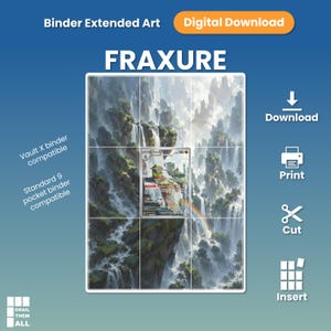 Może przedstawiać: Cyfrowy plik do pobrania z grafiką rozszerzoną do segregatora Fraxure, przedstawiający krajobraz z wodospadami i klifami. Obraz zawiera tekst: Binder Extended Art, Digital Download, Vault X binder compatible, Standard 9 pocket binder compatible, Download, Print, Cut, Insert oraz Grail Them All.