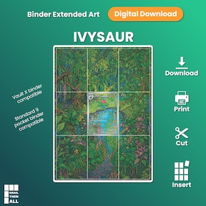 Könnte beinhalten: Ein digitaler Download von Ivysaur-erweiterter Kunst für einen 9-Taschen-Ordner. Das Bild zeigt eine üppige grüne Waldszene mit einer zentralen Sammelkarte, unterteilt in ein Raster zum Ausschneiden und Einlegen in Standard-Ordnerseiten.