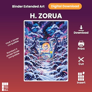 Può includere: Un download digitale di arte estesa per raccoglitore H. ZORUA con un paesaggio forestale innevato e un cielo stellato. La grafica include il testo: Binder Extended Art, Digital Download, Vault X binder compatible, Standard 9 pocket binder compatible, Download, Print, Cut, Insert e Grail Them All.