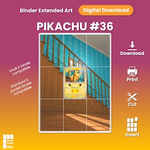 May include: A digital download of Pikachu #36 binder extended art featuring a yellow Pikachu trading card centred over a staircase background. The graphic includes text labels for Vault X and standard 9-pocket binder compatibility, plus icons for download, print, cut, and insert.