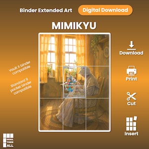May include: A digital download of Mimikyu binder extended art featuring a grid overlay. The image shows a person in a rocking chair by a window. Text includes Binder Extended Art, Digital Download, Vault X binder compatible, Standard 9 pocket binder compatible, Download, Print, Cut, Insert, and Grail Them All.