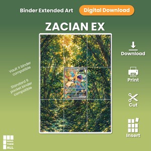 Pode incluir: Um download digital de arte estendida para fichário Zacian EX com uma cena de floresta e uma carta colecionável central. O design inclui uma grade para fichários padrão de 9 bolsos, com etiquetas de texto para baixar, imprimir, cortar e inserir.