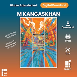 Può includere: Un download digitale di arte estesa per raccoglitore M Kangaskhan con una scena di strada, cieli arancioni e strisce blu. La grafica è divisa in una griglia per raccoglitori a 9 tasche. Testo: Binder Extended Art, Digital Download, M Kangaskhan, Vault X binder compatible, Standard 9 pocket binder compatible, Download, Print, Cut, Insert, Grail Them All.