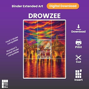 May include: A digital download of Drowzee binder extended art featuring a vibrant sunset over a city scene with a central trading card. The graphic includes text labels for Vault X and standard 9 pocket binder compatibility, plus download, print, cut, and insert icons.