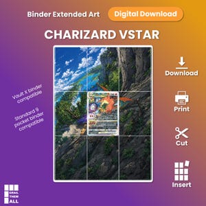 Peut inclure: Un téléchargement numérique d'art étendu Charizard VSTAR pour classeur à 9 pochettes. L'image montre un dragon volant au-dessus d'un paysage avec le texte Binder Extended Art, Digital Download, Vault X binder compatible et Grail Them All.