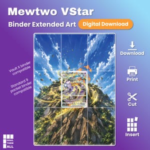 May include: A digital download of Mewtwo VStar binder extended art featuring a central trading card image set against a mountain landscape with a blue sky. The graphic includes text labels for Vault X and standard 9-pocket binder compatibility.