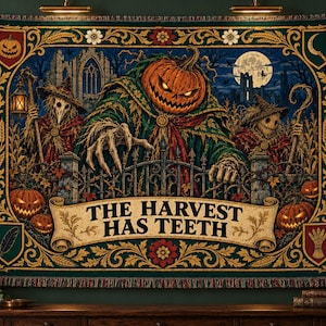 May include: A woven tapestry blanket featuring a central pumpkin-headed figure in a green cloak behind a wrought iron fence, flanked by two scarecrows. The text THE HARVEST HAS TEETH is displayed on a scroll banner at the bottom with dark green borders.