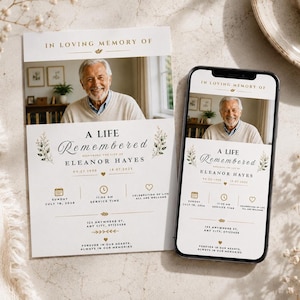 May include: A funeral program card and a smartphone displaying the same memorial design. Both feature a photo of an older man, the text IN LOVING MEMORY OF, A LIFE REMEMBERED, ELEANOR HAYES, dates, service details, and the phrase FOREVER IN OUR HEARTS.