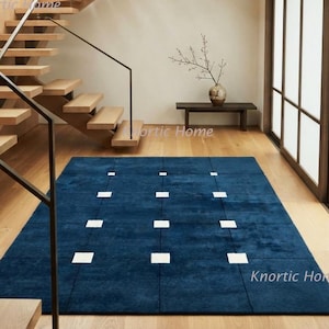 Grid Pattern Hand Tufted Deep Blue Rug | Contemporary Handmade Wool Carpets | 8x10 9x12 10x14 Custom Area Rugs For Dining Living Bedroom