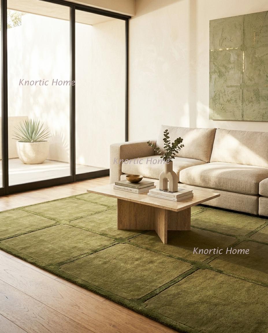 Olive Green Hand Tufted Grid Pattern Rug | Contemporary Handmade Wool ...