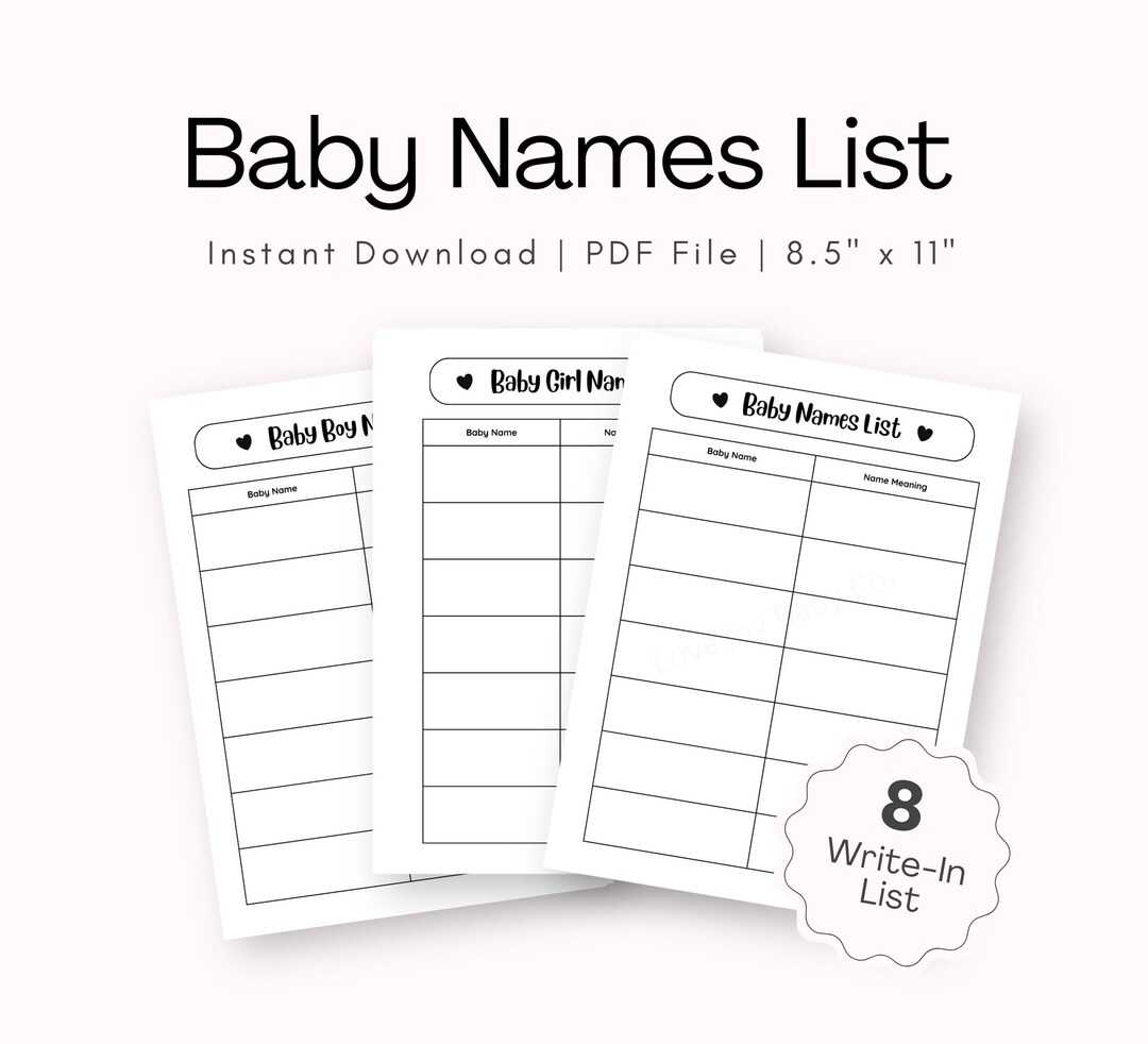 Printable Baby Name List | Blank Write-in Lists for Girl, Boy & Neutral ...