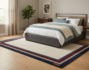 Hand Tufted Neutral Area Rug, Cream Wool Carpet with Blue Burgundy Frame Border, Handmade Living Room Bedroom Rug 5x8 6x9 8x10