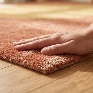 May include: A rectangular area rug featuring a textured, shaggy pile in a warm terracotta orange hue. The rug has a dense, tufted surface with subtle variations in colour, showcasing a soft and plush appearance across its entire top surface area.