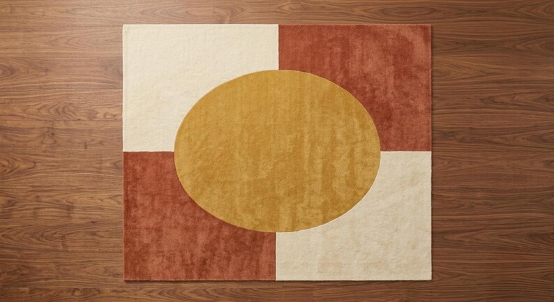 May include: A square area rug featuring a geometric design with four quadrants in alternating cream and terracotta colours. A large, solid mustard yellow oval shape is centred across the middle of the rug, overlapping the four quadrants.