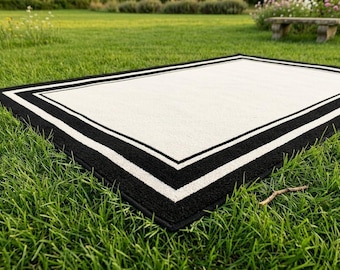 Modern Black and White Border Rug, Minimalist Geometric Area Rug for Living Room, Bedroom Decor,Multiple Sizes Hand Tufted