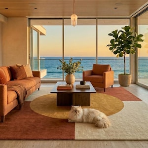 May include: A living room featuring a burnt orange sofa with a matching throw blanket, a dark wood coffee table, and a single armchair. A fluffy cream-coloured cat rests on a large area rug with geometric patterns in rust, yellow, and beige tones.
