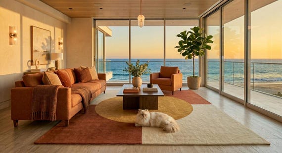 Hand Tufted Modern Bedroom Rug with Mustard Circle Design – Luxury Geometric Area Rug – Contemporary Living Room Decor