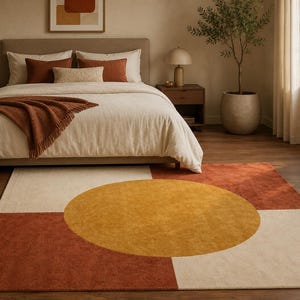 May include: A rectangular area rug featuring a geometric design with a large central mustard yellow circle overlapping four quadrants of alternating cream and terracotta red blocks, creating a bold colour-blocked pattern on a flat-woven surface.
