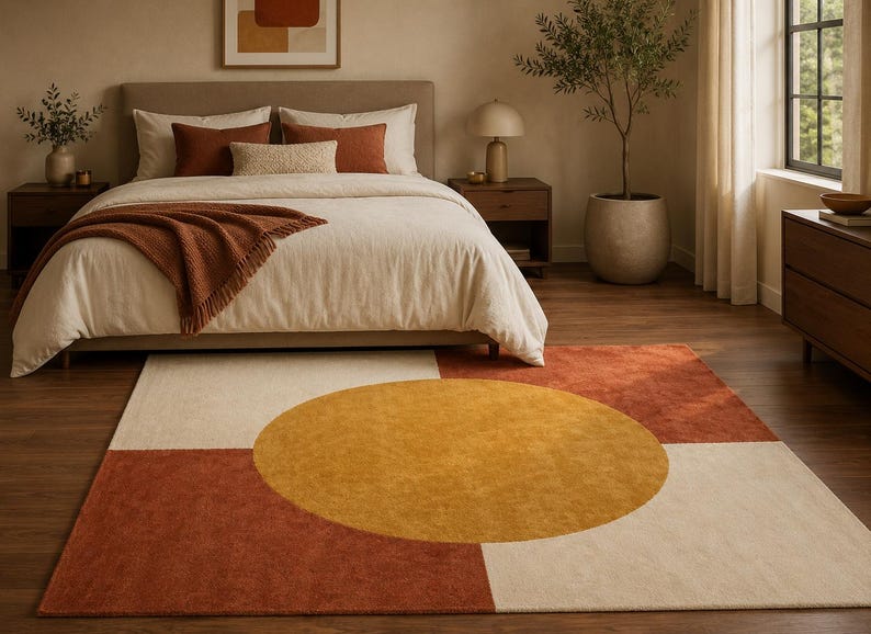 May include: A rectangular area rug featuring a geometric design with a large central mustard yellow circle overlapping four quadrants of alternating cream and terracotta red blocks, creating a bold colour-blocked pattern on a flat-woven surface.