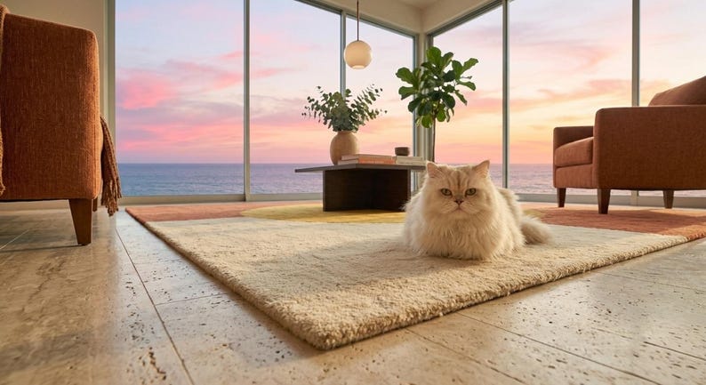 May include: A rectangular area rug featuring a geometric pattern in shades of cream, yellow, and terracotta. The rug has a textured, plush pile surface and is positioned on a light-coloured stone floor, providing a soft base for a long-haired cat.