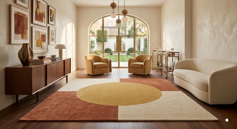 May include: A rectangular area rug featuring a large central yellow circle set against a geometric background of cream and terracotta-coloured quadrants. The rug is positioned on a dark wood floor in a room with a cream sofa and two yellow armchairs.