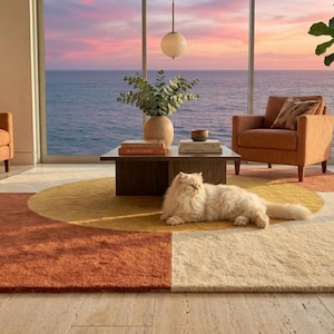May include: A rectangular area rug featuring a large central yellow circle set against blocks of terracotta and cream colours. The rug has a textured pile surface and is positioned on a light-coloured floor in a room with furniture and a cat.