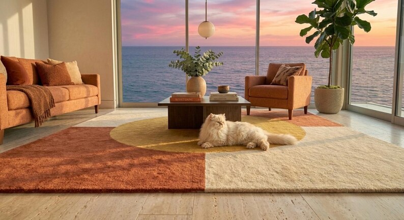 May include: A rectangular area rug featuring a large central yellow circle set against blocks of terracotta and cream colours. The rug has a textured pile surface and is positioned on a light-coloured floor in a room with furniture and a cat.