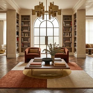 May include: A living room featuring a wooden coffee table with books, two rust-coloured armchairs, and a geometric area rug in shades of rust, cream, and yellow. The space includes built-in bookshelves, framed abstract art, and a large arched window.