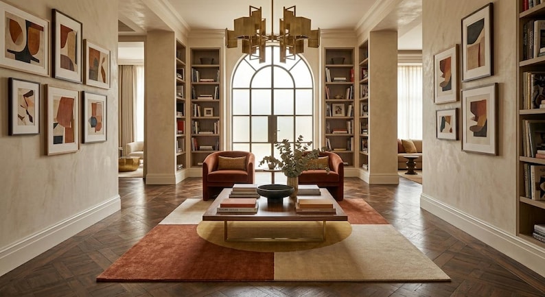 May include: A living room featuring a wooden coffee table with books, two rust-coloured armchairs, and a geometric area rug in shades of rust, cream, and yellow. The space includes built-in bookshelves, framed abstract art, and a large arched window.